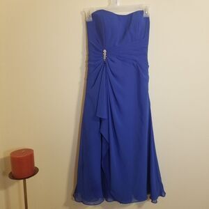 Mori Lee by Madeleine Gardner strapless blue tea length cocktail dress sz 3/4